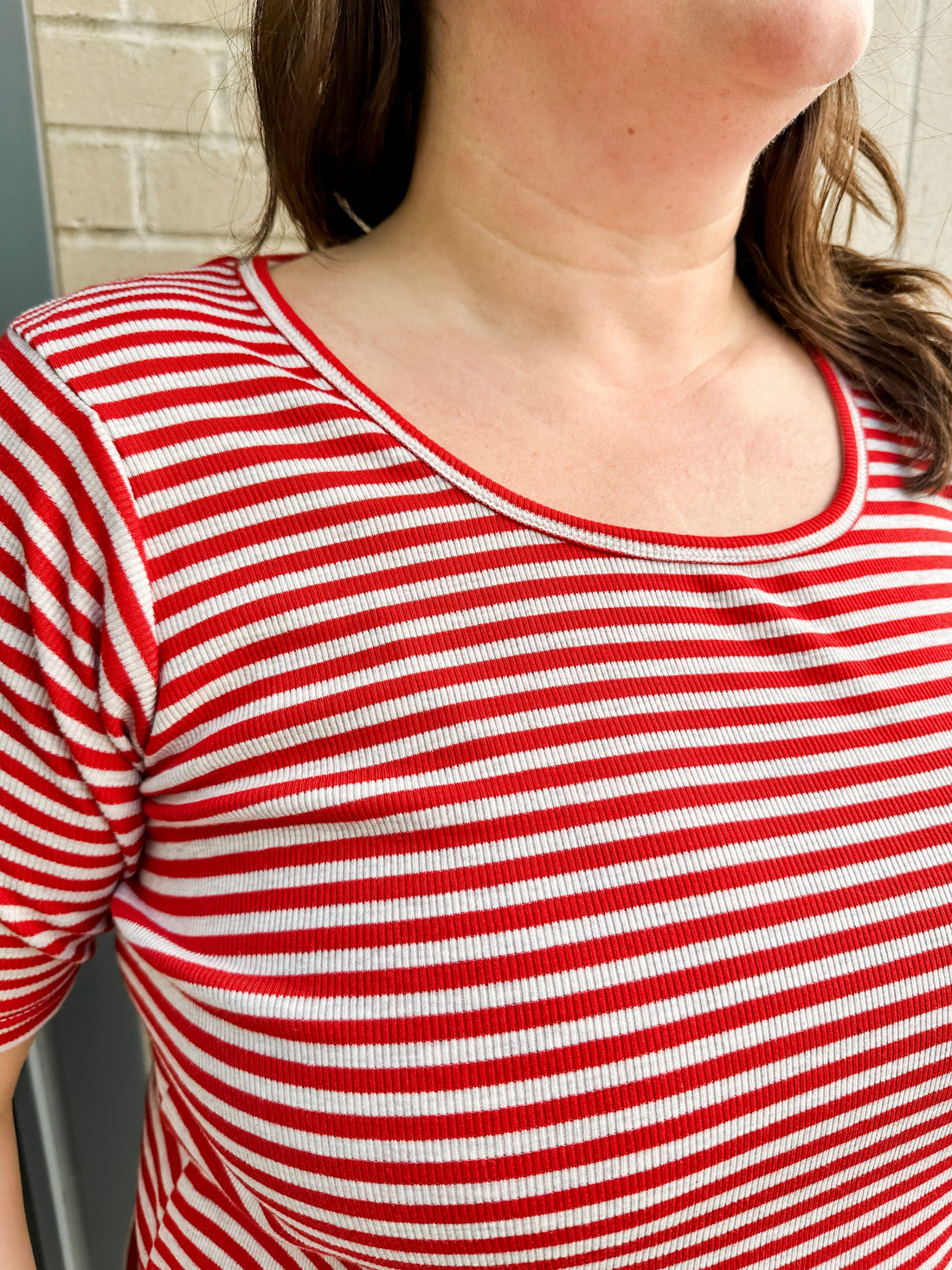 elbow sleeve ribbed stripe knit top