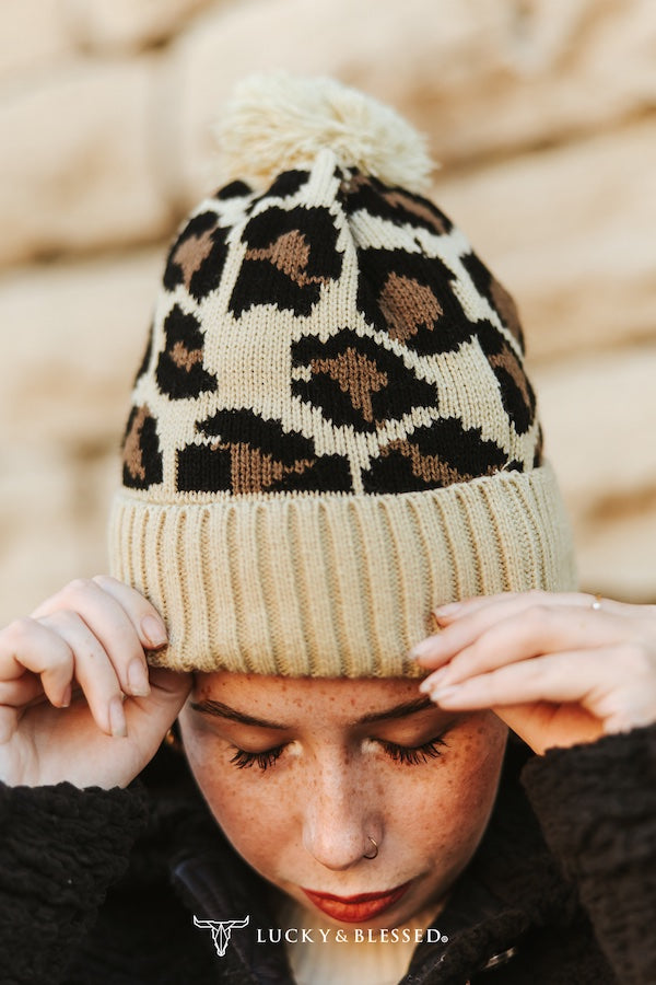 L&B Cream Leopard Pom Beanie