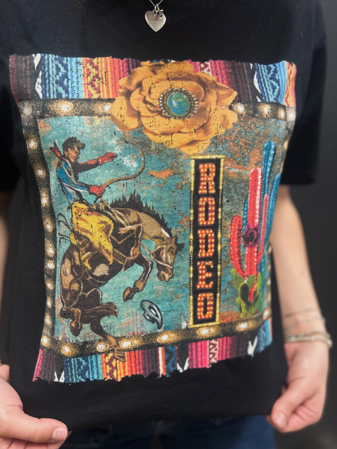 Black Vintage Bronc Rider Serape Graphic Tee