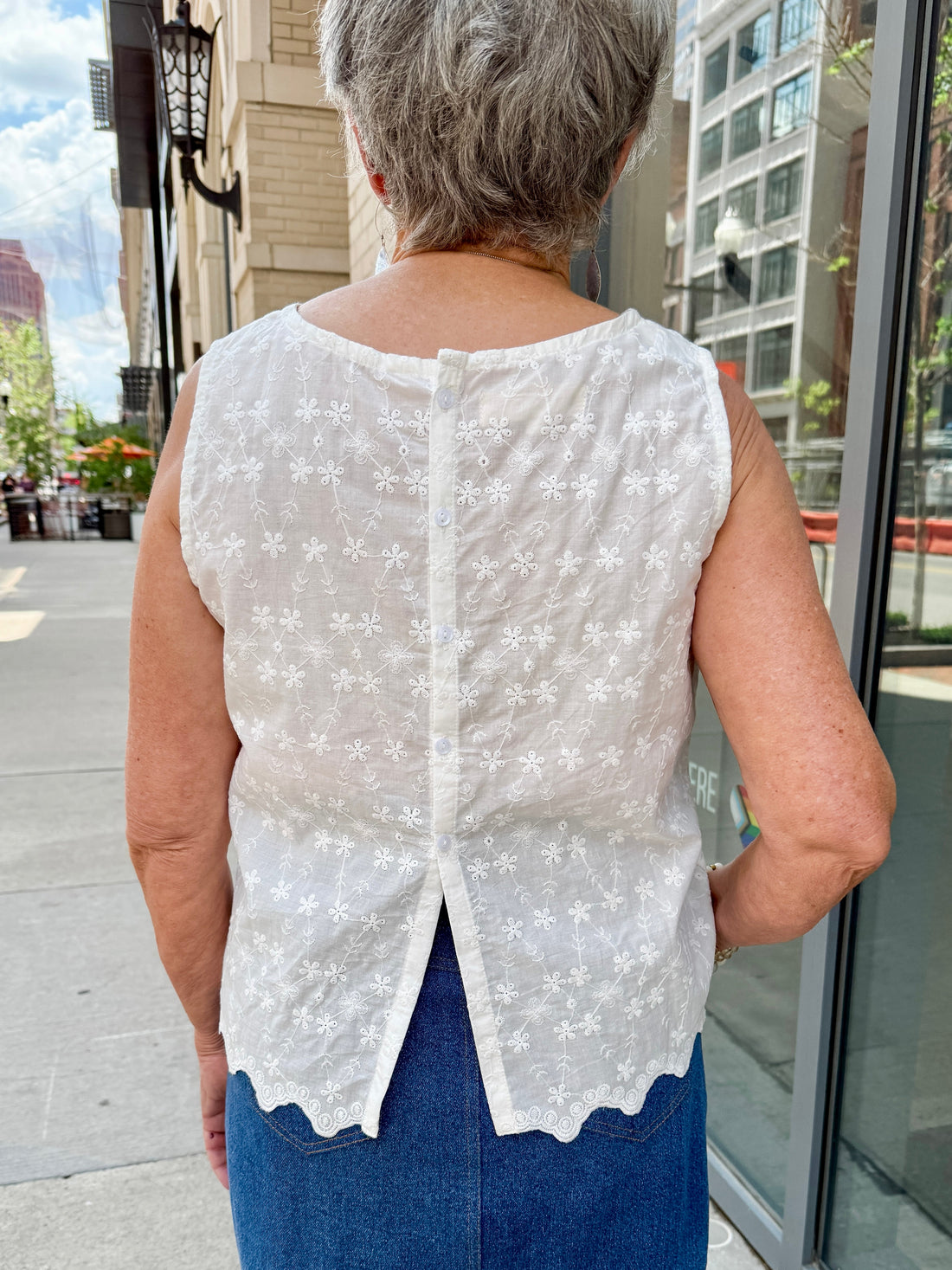 Eyelet Sleeveless Button-Back Top