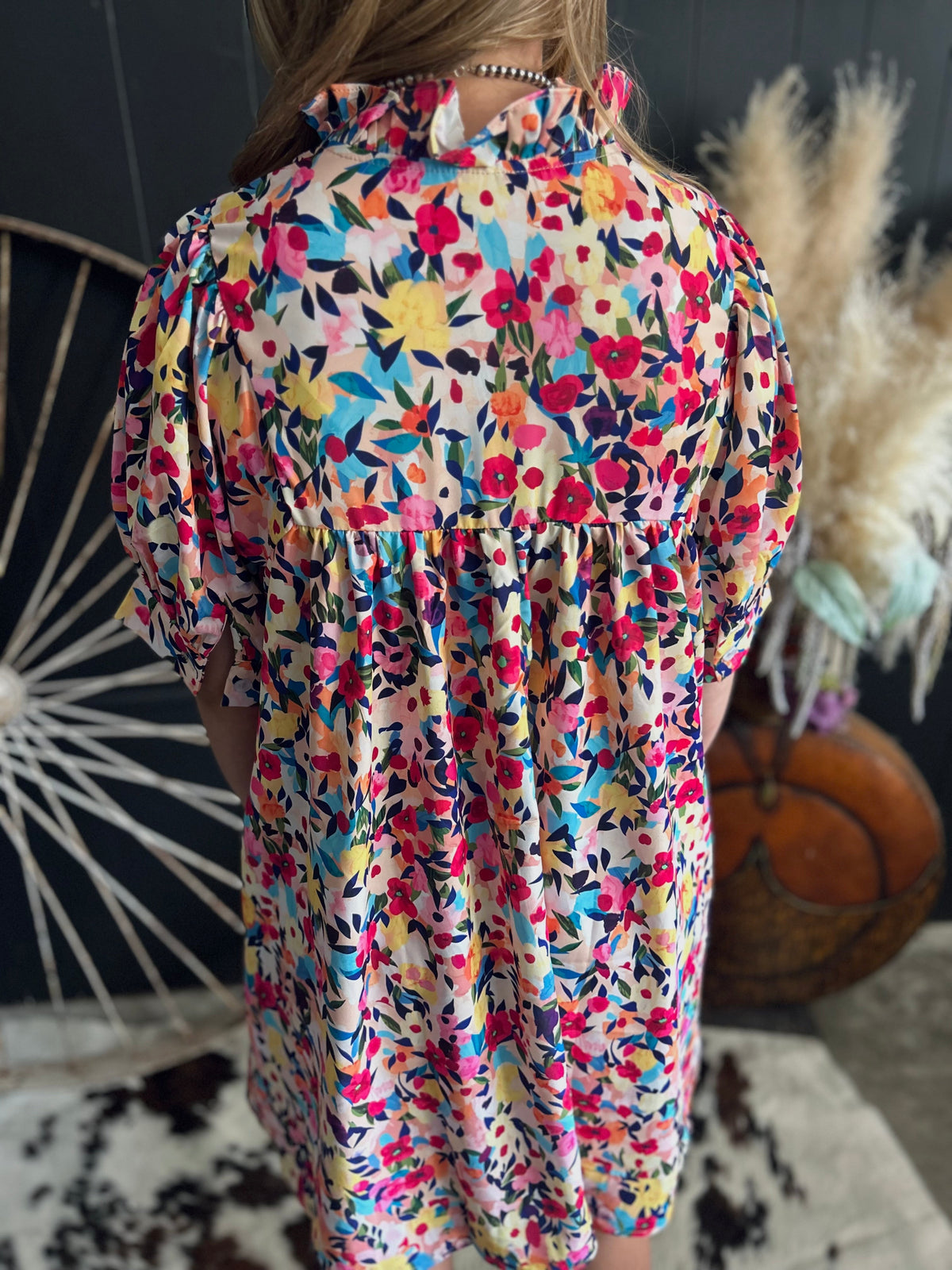 Floral Puff Short Sleeve V Neck Mini Dress