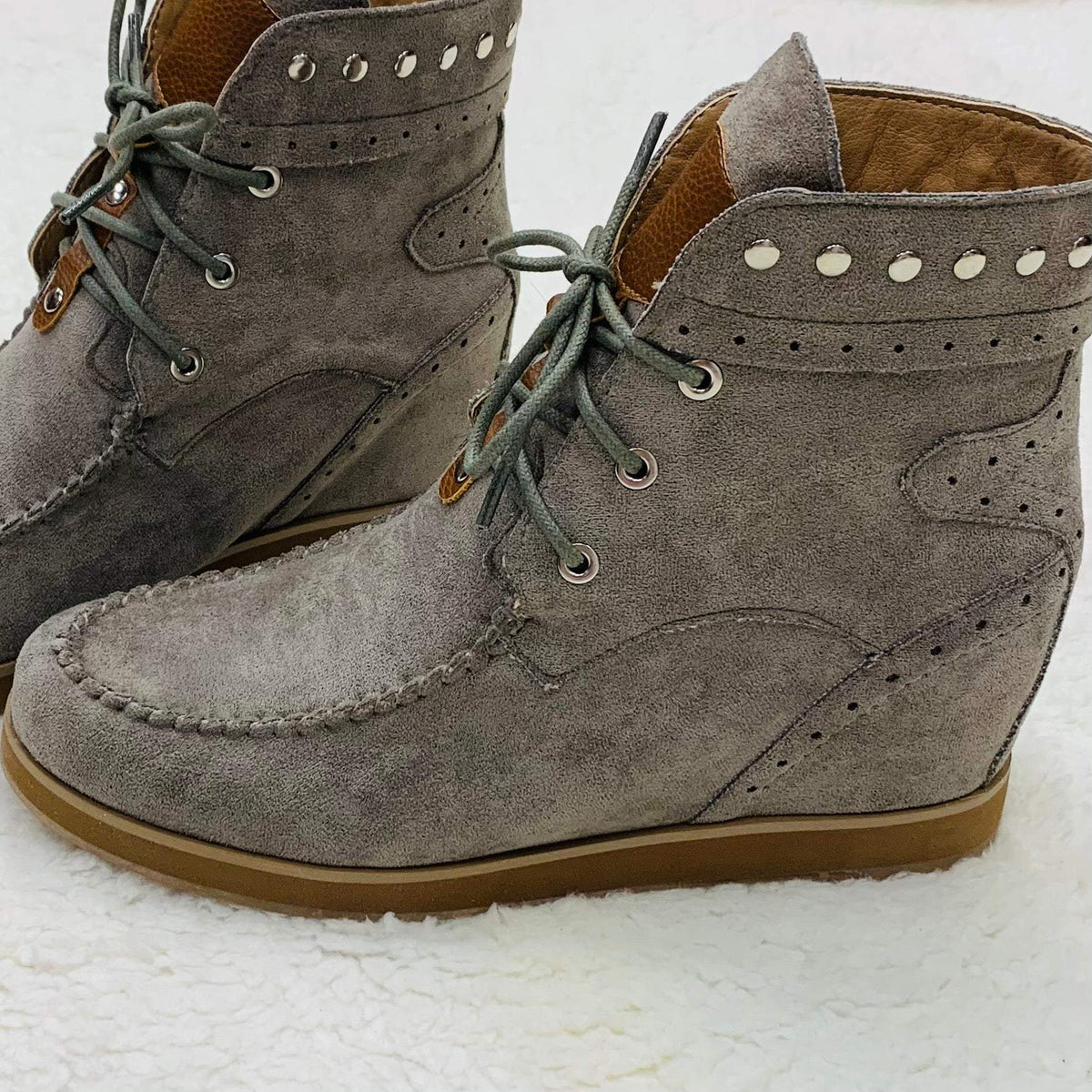 Grey Moccasin Wedge Bootie