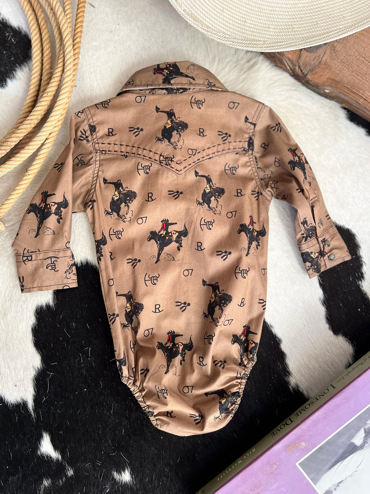 Kid's Vintage Bronc Brown Long Sleeve Romper
