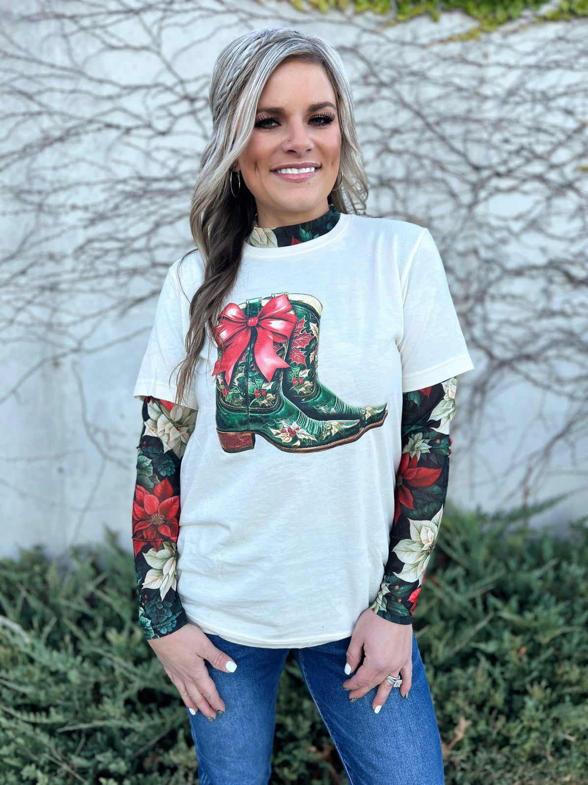 Sterling Kreek Meet Me Under The Poinsettia Mesh Top*