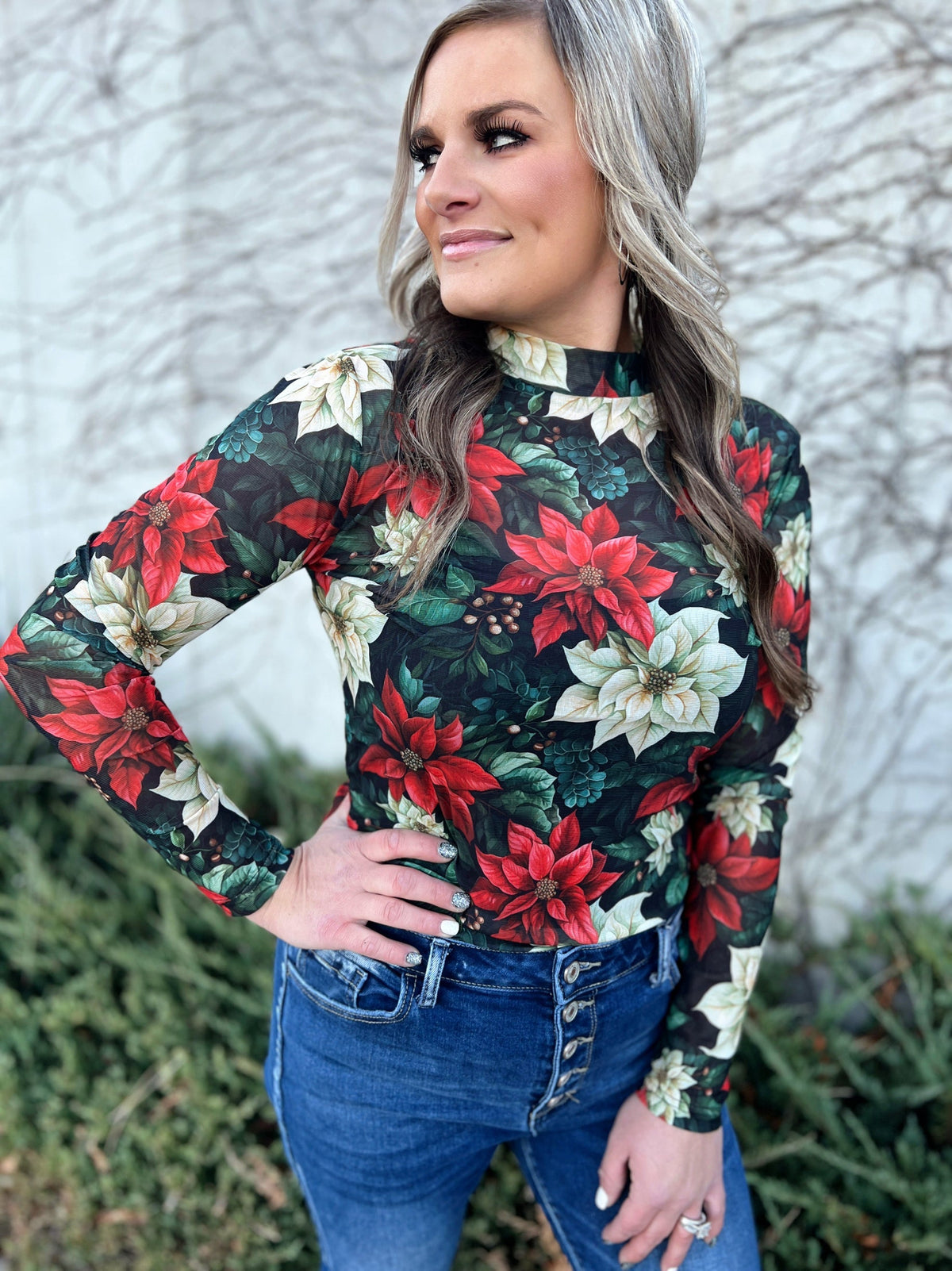 Sterling Kreek Meet Me Under The Poinsettia Mesh Top*
