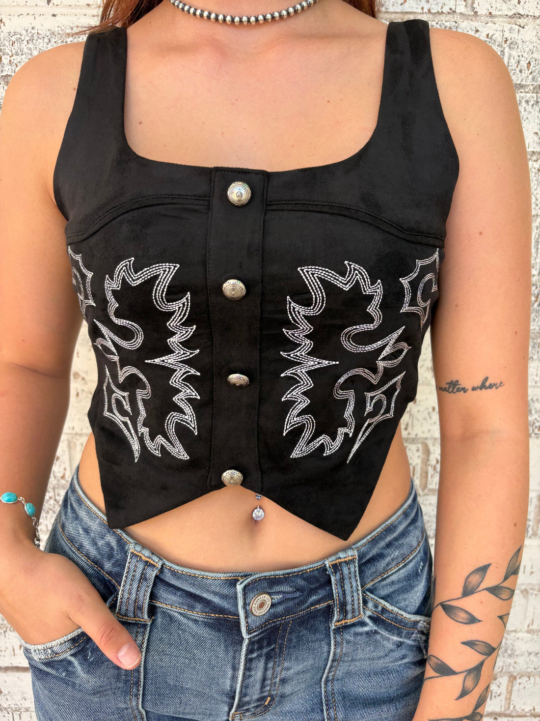 Black Suede Boot Stitch Embroidered Corset Top
