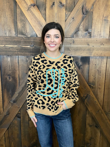 L&B Brown Leopard Knit Saddle Up Stitched Sweater