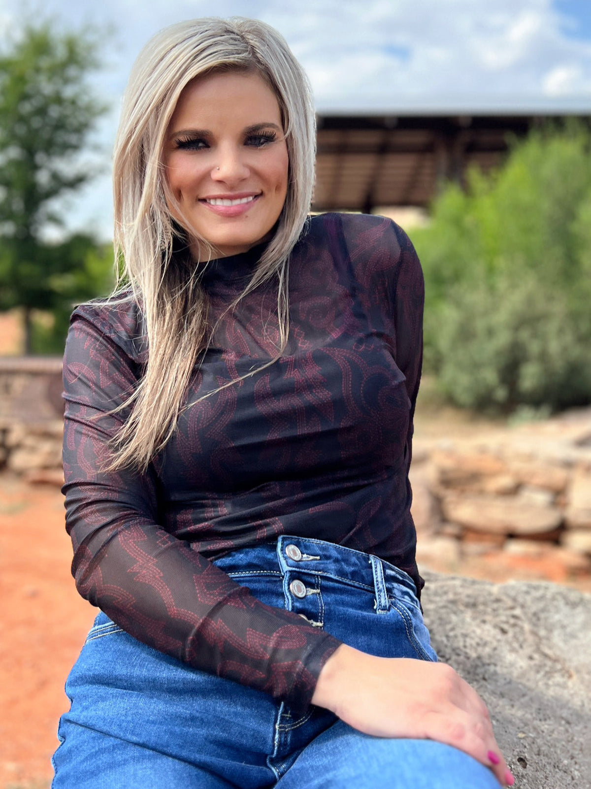 Bonfire Nights Red Stitch Print Mesh Top