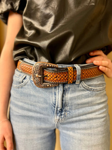 Sunflower Of Dusk Tooled Leather Belt