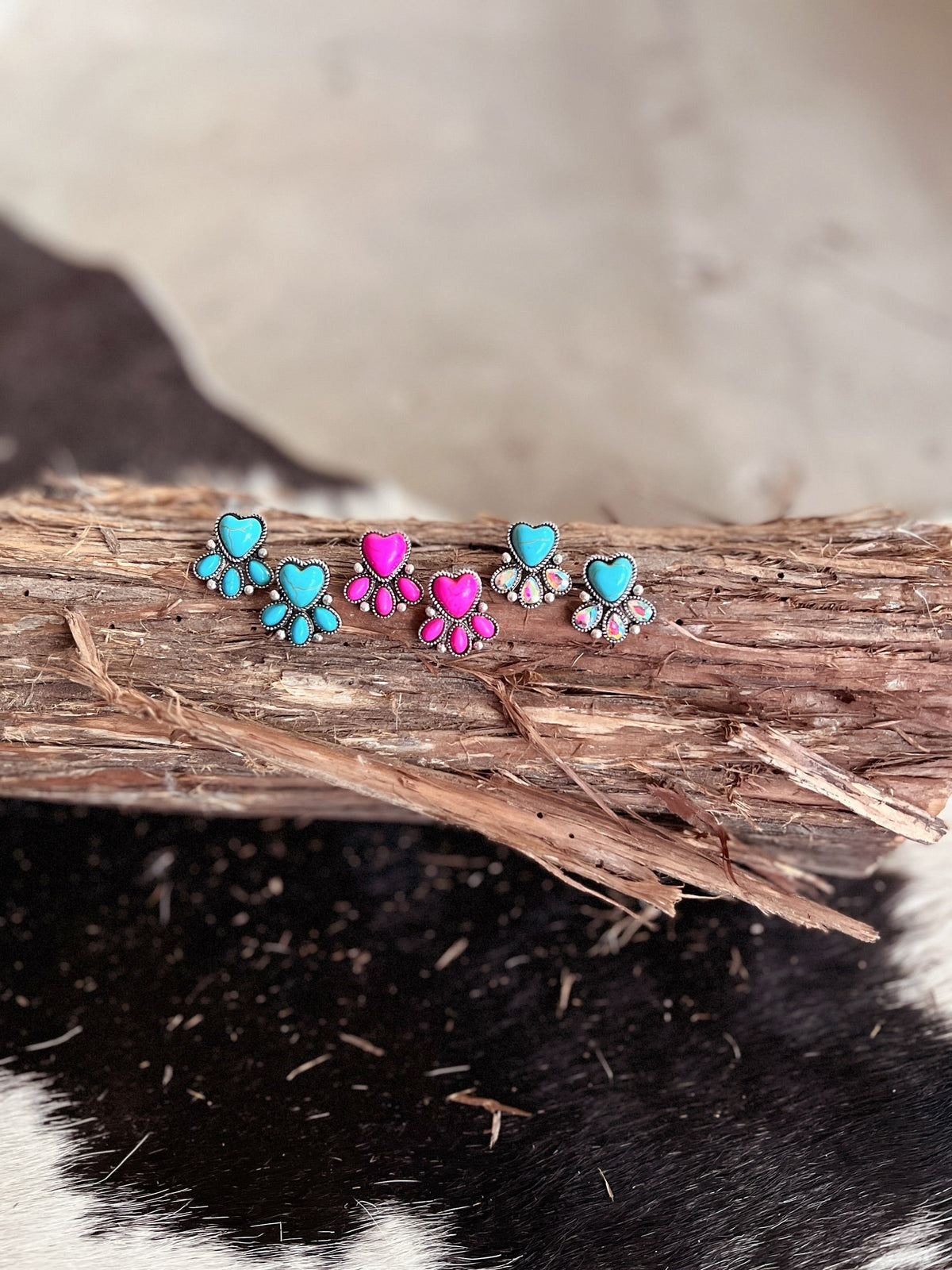 Western Style Stone Heart Post Earrings - 3 Colors Available
