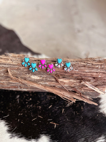 Western Style Stone Heart Post Earrings - 3 Colors Available