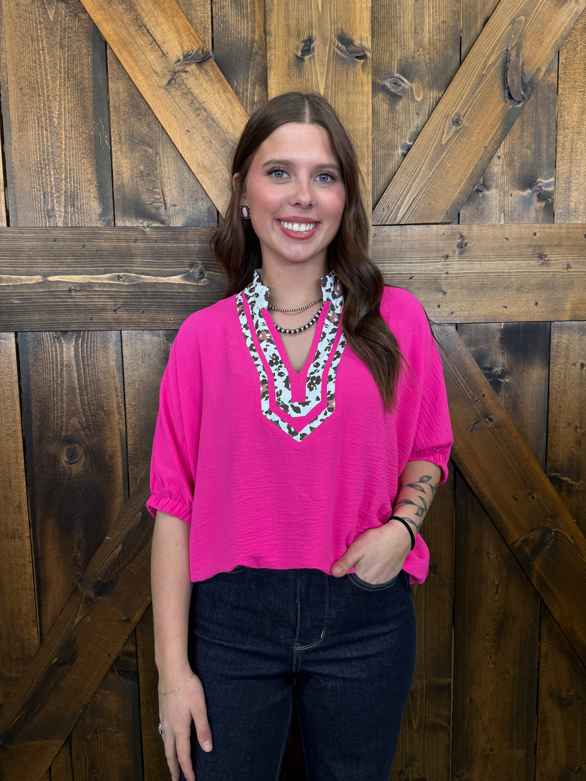 Western Leopard Print Trimmed Half Sleeve Top - 2 Colors