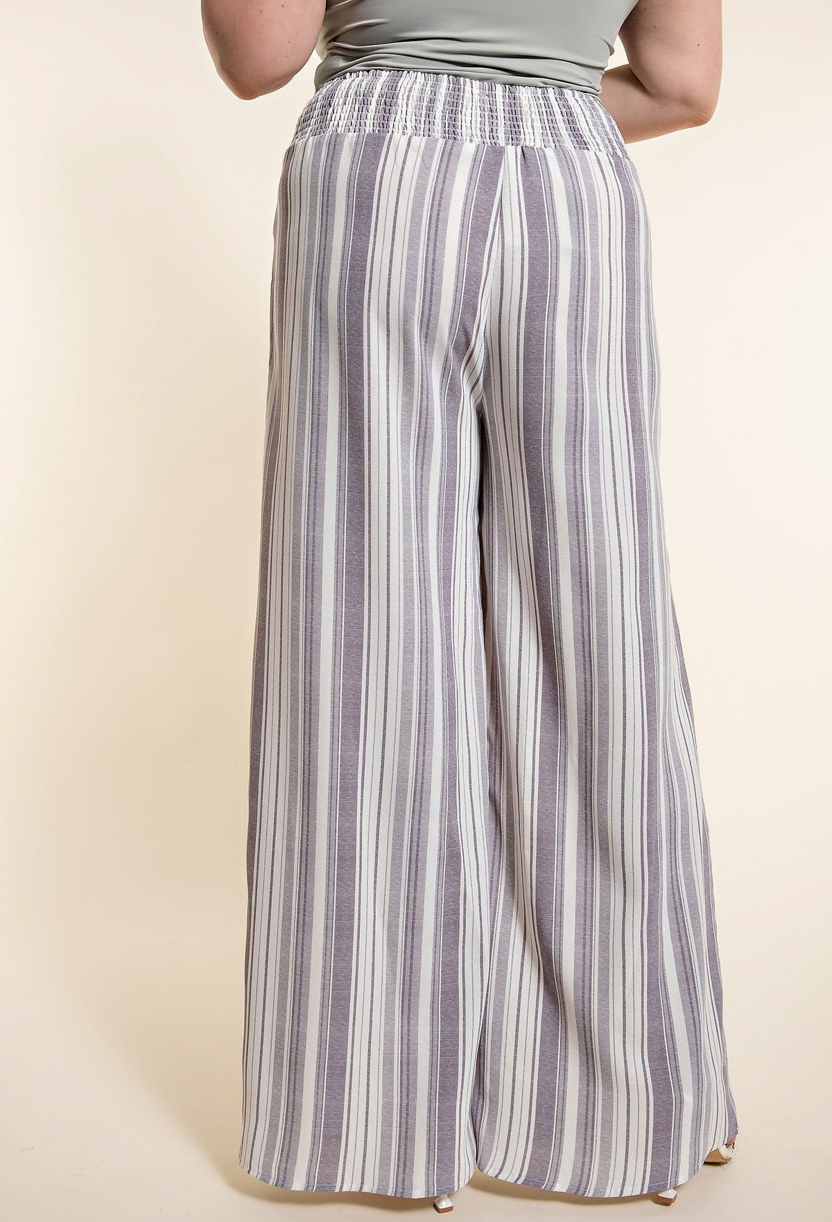Plus Grey Stripe Smocked Pants