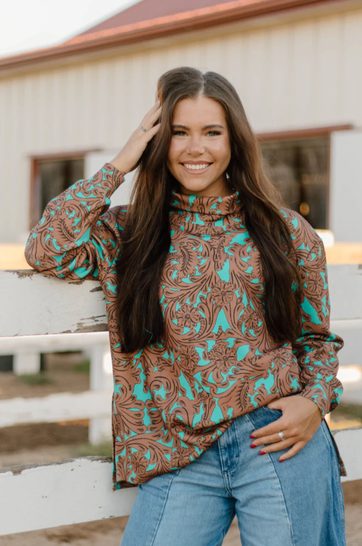 Sterling Kreek Turquoise Tooled Mock Neck Top