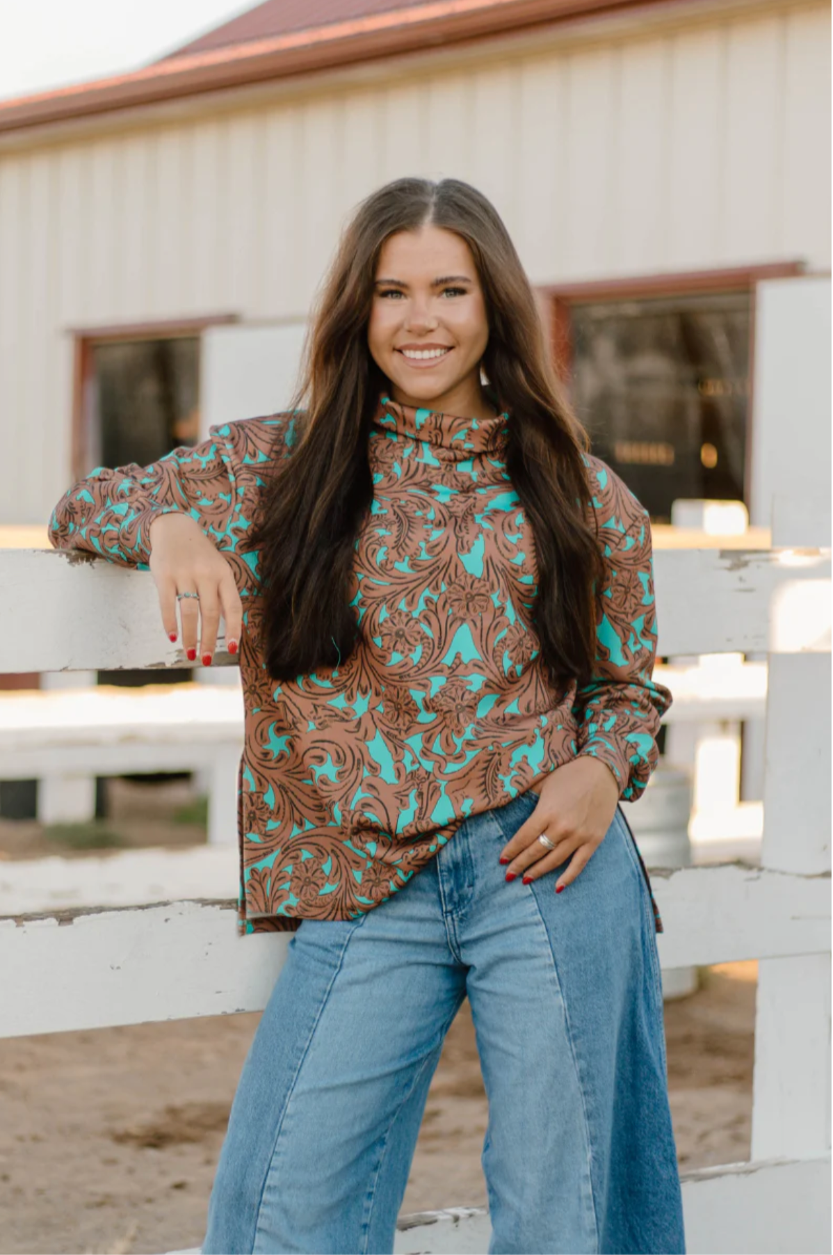 Sterling Kreek Turquoise Tooled Mock Neck Top