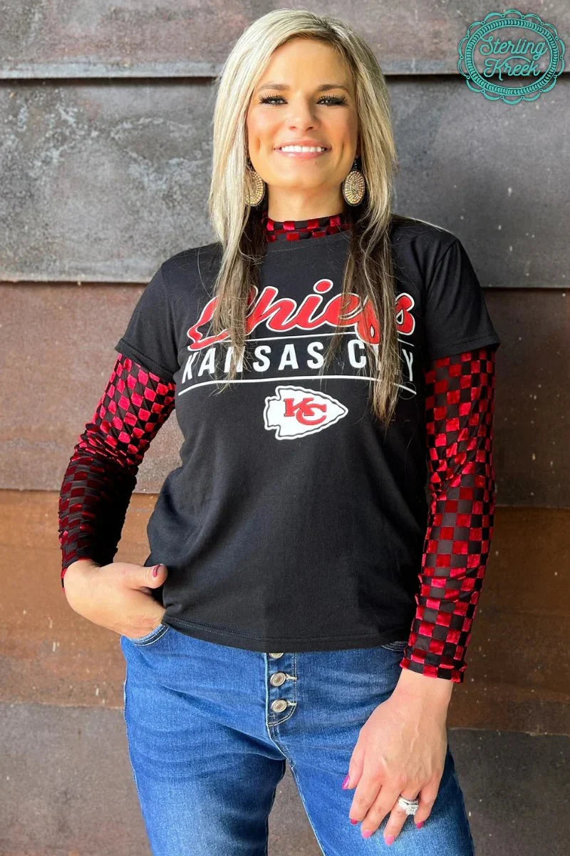 Sterling Kreek Red & Black Velvet Mesh Pep Rally Top