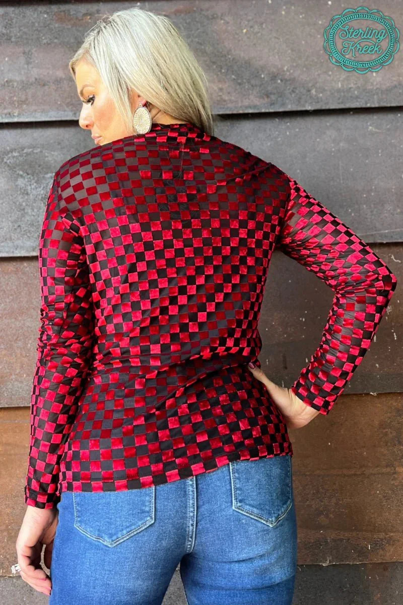 Sterling Kreek Red & Black Velvet Mesh Pep Rally Top