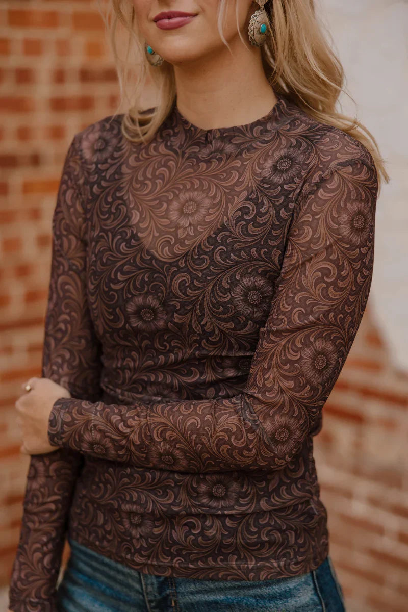 Sterling Kreek Bronzed Bloom Mesh Top