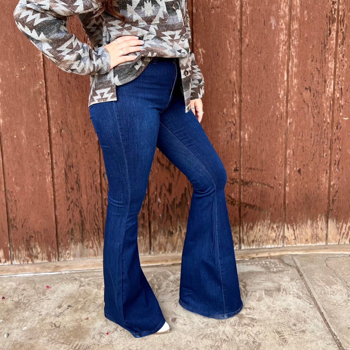 Dark Wash High Rise Stretch Denim Bell Bottoms