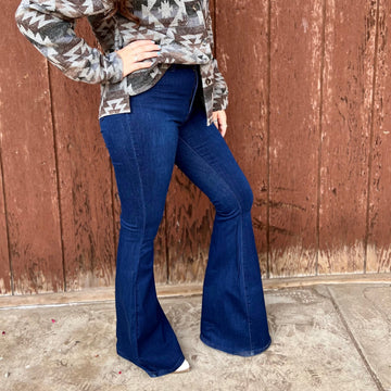 Dark Wash High Rise Stretch Denim Bell Bottoms